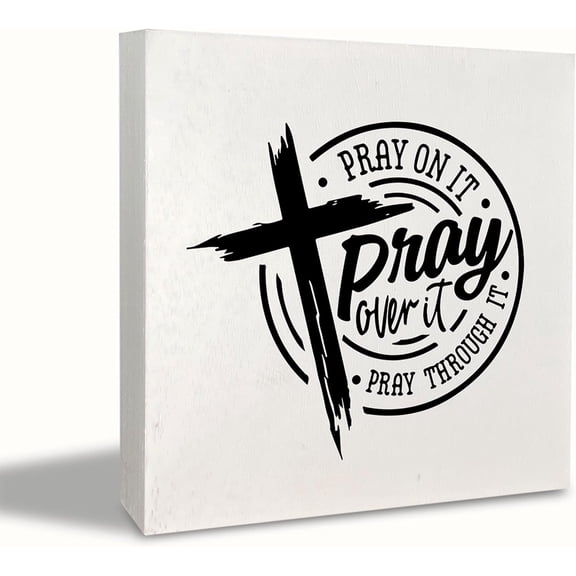 Zomyto 7x7 Inches Christian Pray on It Pray Over It Pray Through It Rustic Wood Block Plaque Box Sign Desk Decor