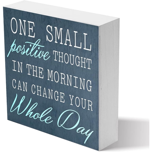 Zomyto 7x7 Inches Designs One Small Positive Thought Wooden Box Sign Motivational Desk Decor, Primitive Decor Office Desk Decorations, Inspirational Desk Decor