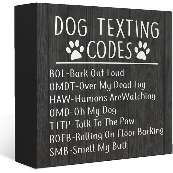 Zomyto 7x7 Inches Dog Decorations For The Home, Dog Texting Codes Rustic Dog Wood Box Sign Desk Decor Funny Dog Paw Print Wooden Box Block Sign