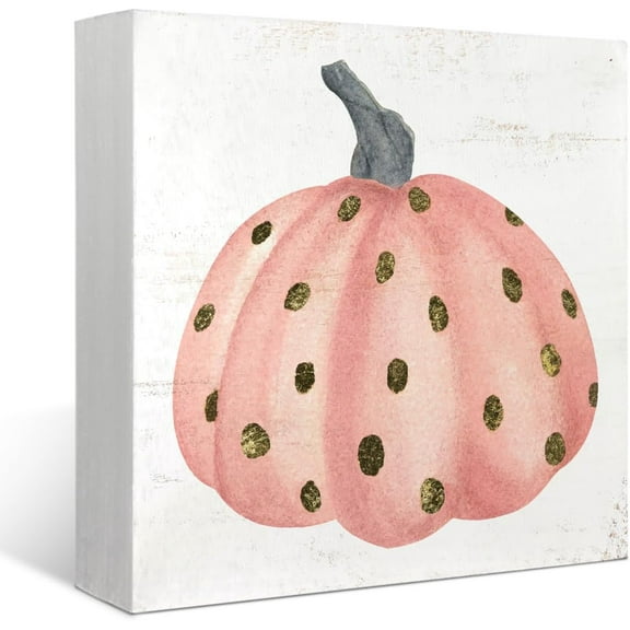 Zomyto 7x7 Inches Fall Decor for Table Wood Box Sign Pink Pumpkin Polka Dot Autumn Harvest Thanksgiving Halloween Seasonal Desk Decor