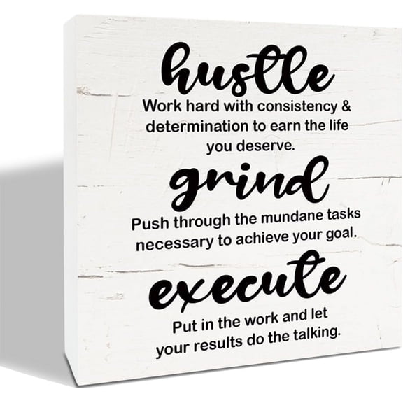 Zomyto 7x7 Inches Hustle Grind Execute Sign, Inspirational Wood Sign, Positive Home Decor, Motivational Office Desk Decor, Farmhouse Decor for Shelf, Encouragement Gift