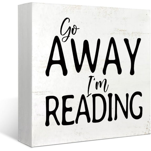 Zomyto 7x7 Inches Library Decor Wood Box Sign,Reading Corner Decor Wooden Box,Go Away I'm Reading Desk Decor Rustic Block Plaque Sign
