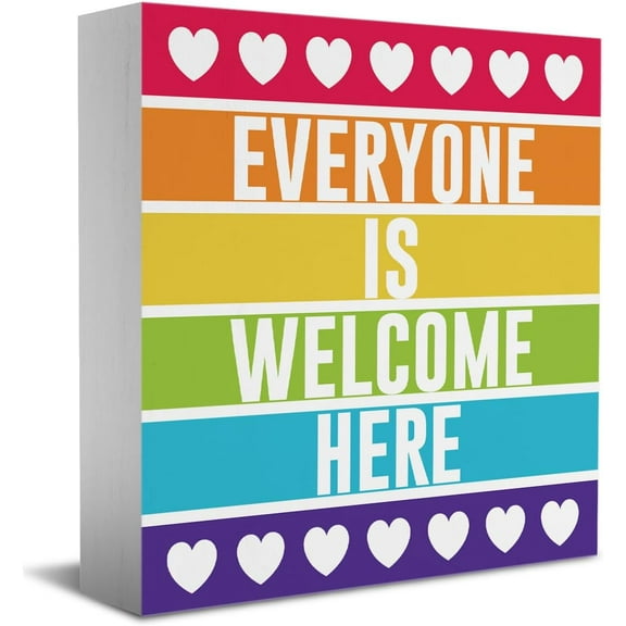 Zomyto 7x7 Inches Love Heart Decor Welcome Sign Desk Decor Wooden Box Sign Inspirational Funny Diversity Pride Rustic Wood Block Plaque Box Office Shelf Table Decoration Everyone Is Welcome Here