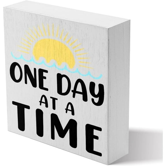 Zomyto 7x7 Inches One Day at a Time Wood Box Sign Desk Decor,Inspirational Quote Wood Block Plaque Sign for Home Office Tabletop Decoration,Cheer up Gifts