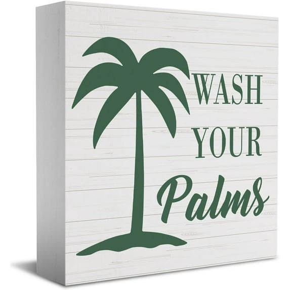Zomyto 7x7 Inches Sign Decor Desk Decor Wooden Box Sign Funny Palm Tree Decor Beach Themed Rustic Wood Block Plaque Box Wash Your Palms Sign