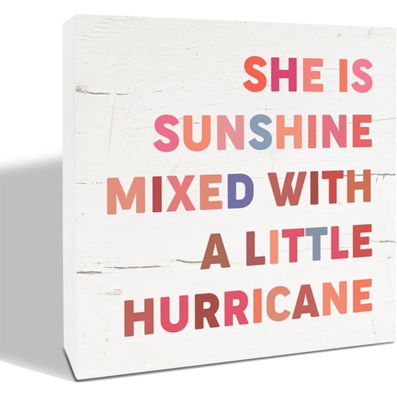 Zomyto 7x7 Inches She is Sunshine Mixed with A Little Hurricane Sign, Inspirational Wood Sign, Funny Daughter Room Decor, Desk Decor Art, Playroom Decor Art