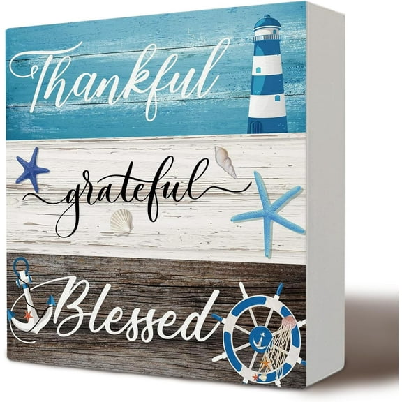 Zomyto 7x7 inches Blessed Signs,Thankful Grateful Blessed Sign Wood Box,Thankful Grateful Blessed Decor,Beach Bathroom Decor,Beachy Room Decor,Coastal Decor