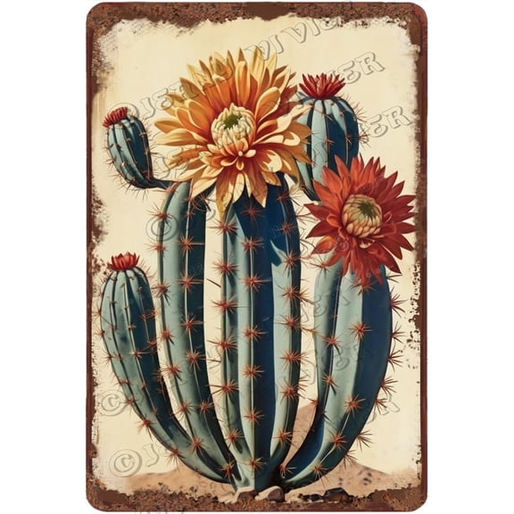 Zomyto Cactus with Flower Aluminum Sign Cacti Decor Cactus Vintage Poster Rustic Farmhouse Decor Cactus Gifts for Cactus Lovers Green Plant Wall Decor for Cafes Club Pub Sign 12x8 Inches