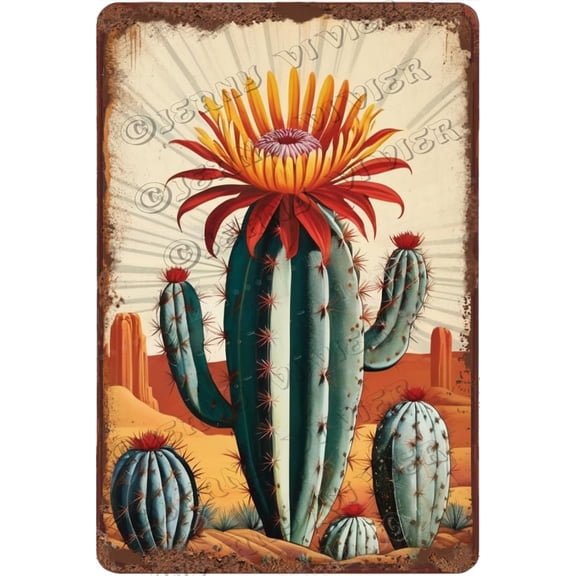 Zomyto Cactus with Flower Vintage Aluminum Sign Botanical Wall Decor Prints Cacti Wall Decor Southwest Green Plants Prints Wall Art Flower Wall Decor Plant Decor 12x8 Inches