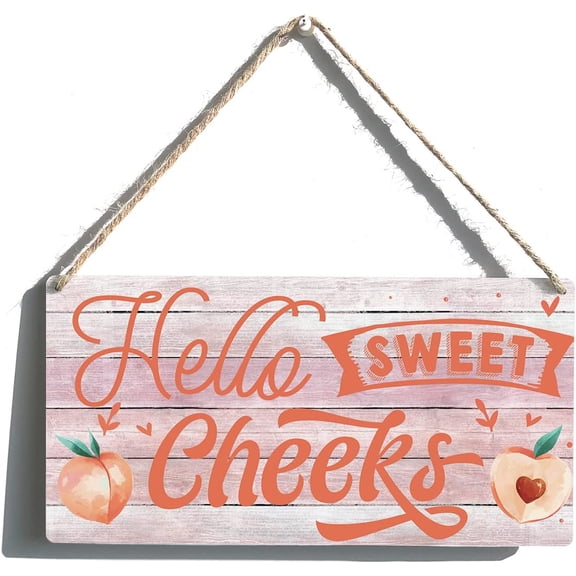 Zomyto Hello Sweet Cheeks Sign Funny Farmhouse Peach Wooden Hanging Sign Plaque Rustic Wall Art Decor 12 x 6 Inches