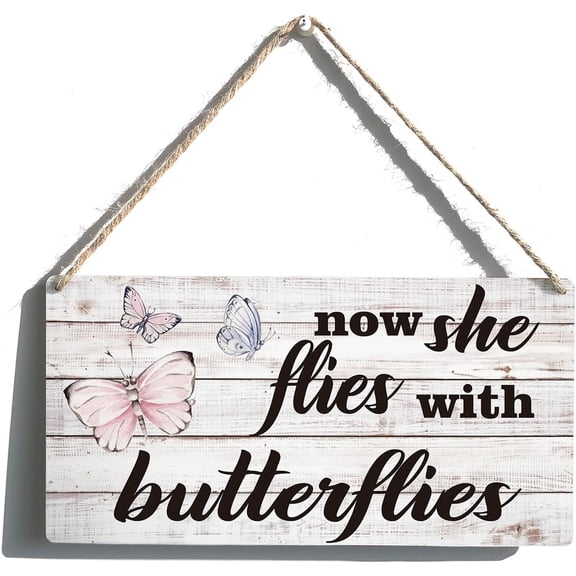 Zomyto Now She Flies With Butterflies Sign Farmhouse Wooden Hanging Sign Plaque Retro Wall Art Decor Home Door Decoration 12 x 6 Inches