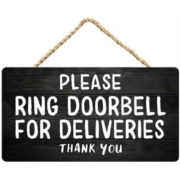 Zomyto Ring Doorbell For Deliveries Sign,Rustic Wooden Hanging Sign 12X6 In Door Hanging Plaques, black-9