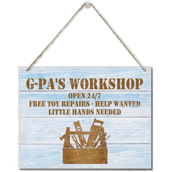 Zomyto Rustic "G-Pa's Workshop Free Toy Repair Open 24/7" Wood Sign, Hanging Printed Wall Plaque Wood Signs, Dad Gift Workshop, Father's Day Gift for Grandpa 10 X 8 inch