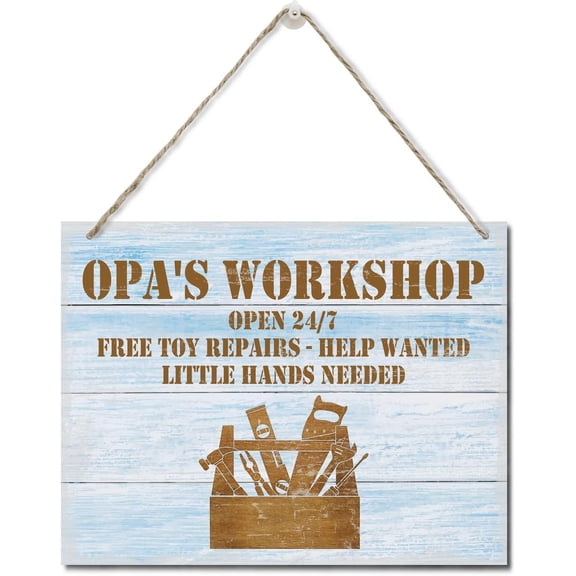 Zomyto Rustic "Opa's Workshop Free Toy Repair Open 24/7" Wood Sign, Hanging Printed Wall Plaque Wood Signs, Dad Gift Workshop, Father's Day Gift for Grandpa 10 X 8 inch