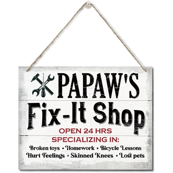Zomyto Rustic "PaPaw's Fix-It Shop Open 24 Hours" Wall Art Sign, Hanging Printed Wall Plaque Wood Signs, Dad Gift Garage Shop, Father's Day Gift for Grandpa 10 X 8 inch