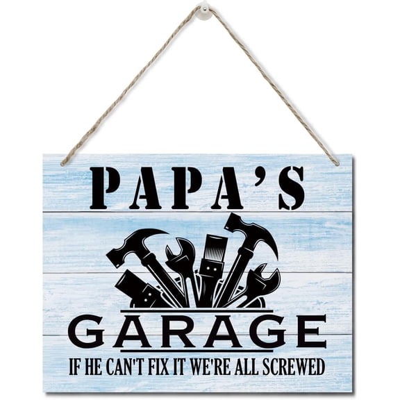 Zomyto Rustic "Papa's Garage If He Can't Fix It We're All Screwed" Wood Sign, Hanging Printed Wall Plaque Wood Signs, Dad Gift Garage, Father's Day Gift for Grandpa 10 X 8 inch