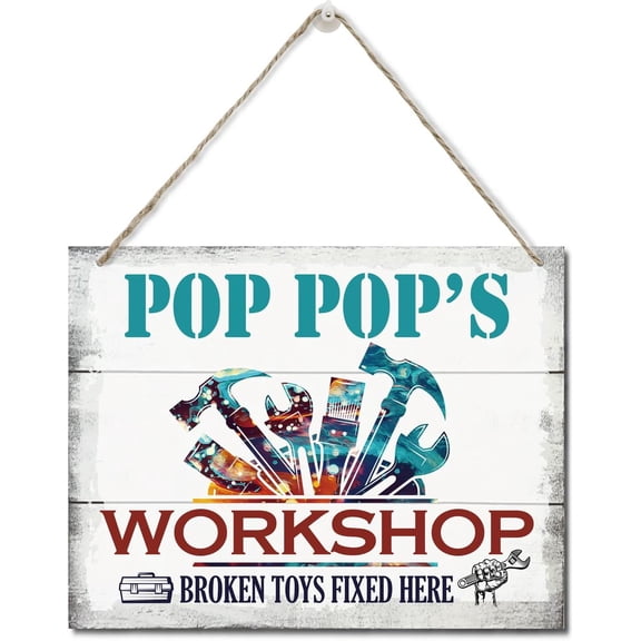 Zomyto Rustic "Pop Pop's Workshop Broken Toys Fixed Here" Wood Sign, Hanging Printed Wall Plaque Wood Signs, Dad Gift Workshop, Father's Day Gift for Grandpa 10 X 8 inch