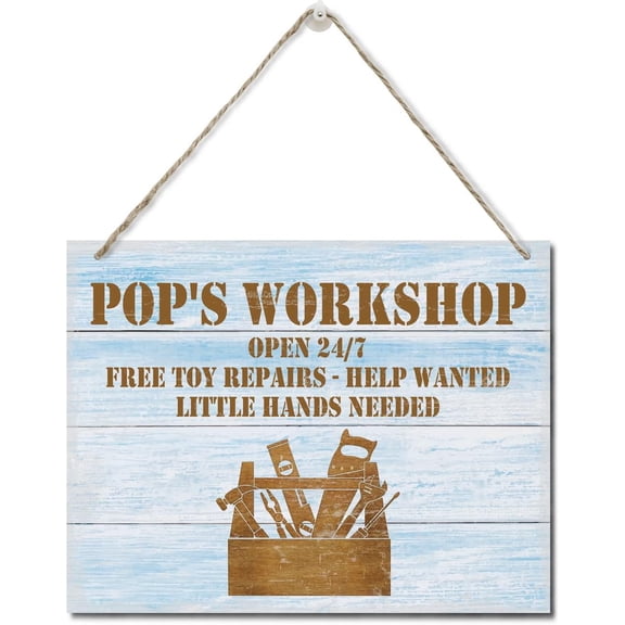Zomyto Rustic "Pop's Workshop Free Toy Repair Open 24/7" Wood Sign, Hanging Printed Wall Plaque Wood Signs, Dad Gift Workshop, Father's Day Gift for Grandpa 10 X 8 inch