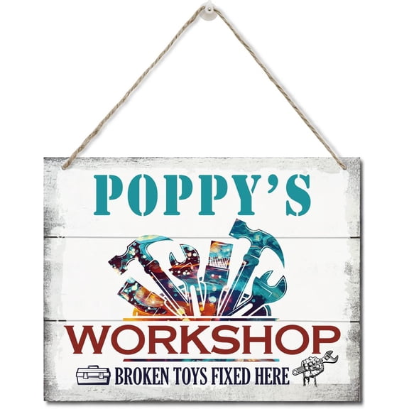 Zomyto Rustic "Poppy's Workshop Broken Toys Fixed Here" Wood Sign, Hanging Printed Wall Plaque Wood Signs, Dad Gift Workshop, Father's Day Gift for Grandpa 10 X 8 inch