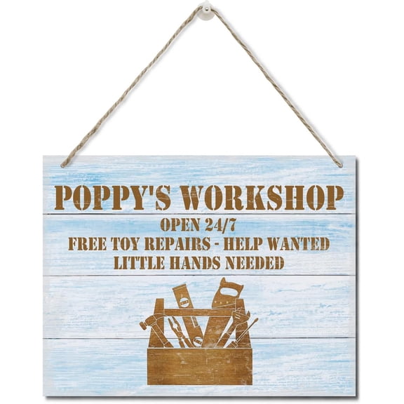 Zomyto Rustic "Poppy's Workshop Free Toy Repair Open 24/7" Wood Sign, Hanging Printed Wall Plaque Wood Signs, Dad Gift Workshop, Father's Day Gift for Grandpa 10 X 8 inch