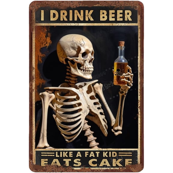 Zomyto Skeleton with Beer Wall Art 12x8 Inch Creative Aluminum Sign Boho Room Decor Horror Holiday Party Decor for Home Cafes Club Pub Bar Garage Man Cave Wall Decor