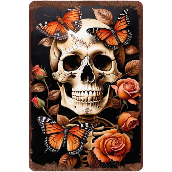 Zomyto Skeleton with Rose Vintage Metal Sign Wall Art 12x8 Inch Aluminum Sign Horror Holiday Decor for Home Cafes Club Pub Bar Garage Man Cave Wall Decor