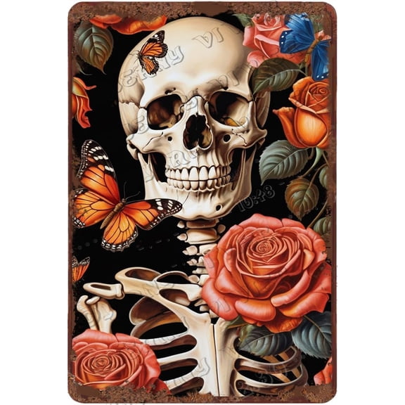 Zomyto Skeleton with Rose Vintage Metal Sign Wall Art Horror Decor Halloween Wall Art 12x8 Inch Retro Aluminum Sign for Bedroom Living Room Bathroom Garage Man Cave Wall Decor