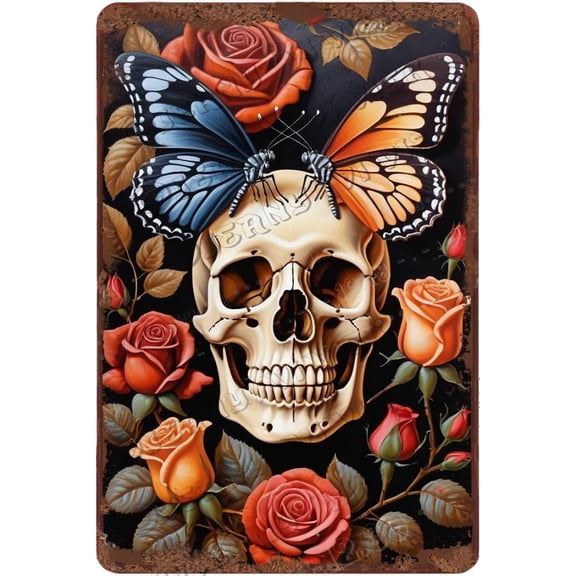 Zomyto Skeleton with Rose Wall Art 12x8 Inch Creative Aluminum Sign Boho Room Decor Horror Party Decor for Home Cafes Club Pub Bar Garage Man Cave Wall Decor