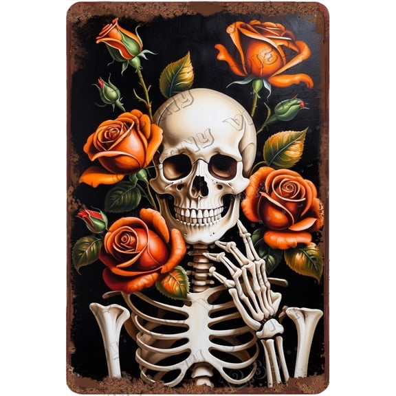 Zomyto Skeleton with Rose Wall Art 12x8 Inch Novelty Aluminum Sign Halloween Horror Party Decorative Sign for Home Cafes Club Pub Bar Garage Man Cave Wall Decor