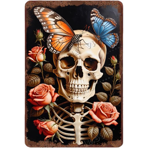 Zomyto Skeleton with Rose Wall Art 12x8 Inch Vintage Aluminum Sign Rustic Farmhouse Decor Horror Party Decor for Home Cafes Club Pub Bar Garage Man Cave Wall Decor