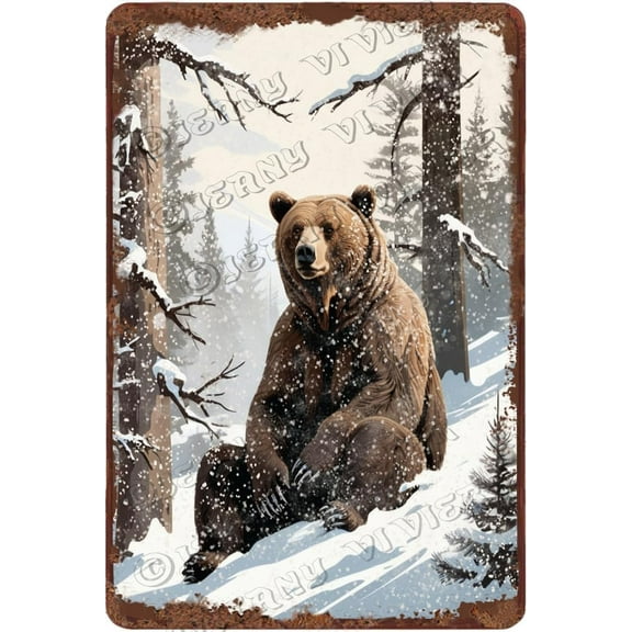 Zomyto Winter Decor Bear Aluminum Sign Vintage Metal Sign Christmas Wall Art Winter Snow Forest Picture Cute Woodland Animal Wall Decor Outside Christmas Decor 12x8 inches