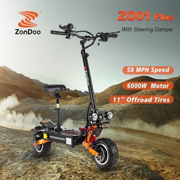 ZonDoo ZO01 Plus 6000W Dual Motors Adult Electric Scooter , 55MPH Top Speed 60Miles Range, 11" Off Road Escooter with Seat & Damper for Adults