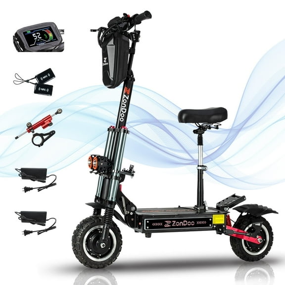 ZonDoo ZO03Plus Electric Scooter Adults with Damper,Up to 55 MPH 60 Miles Range,6000W Dual Motors 11" Off-road Tires Escooter with Seat for Adults