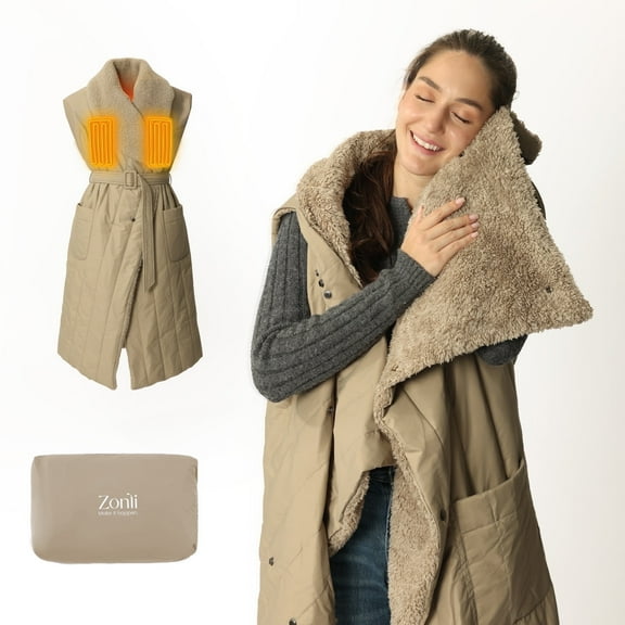 ZONLI Portable Cordless Heated Blanket & Vest with Belt, for Home, Office, Travel & Camping, Khaki