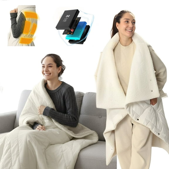 ZonLi Electric Cordless Heated Blanket, Portable Heated Wearable Blankets Battery Operated Heated Throw Blanket with Belt, Rechargeable Power Bank for Home, Office, Living Room, Travel, Camping,White