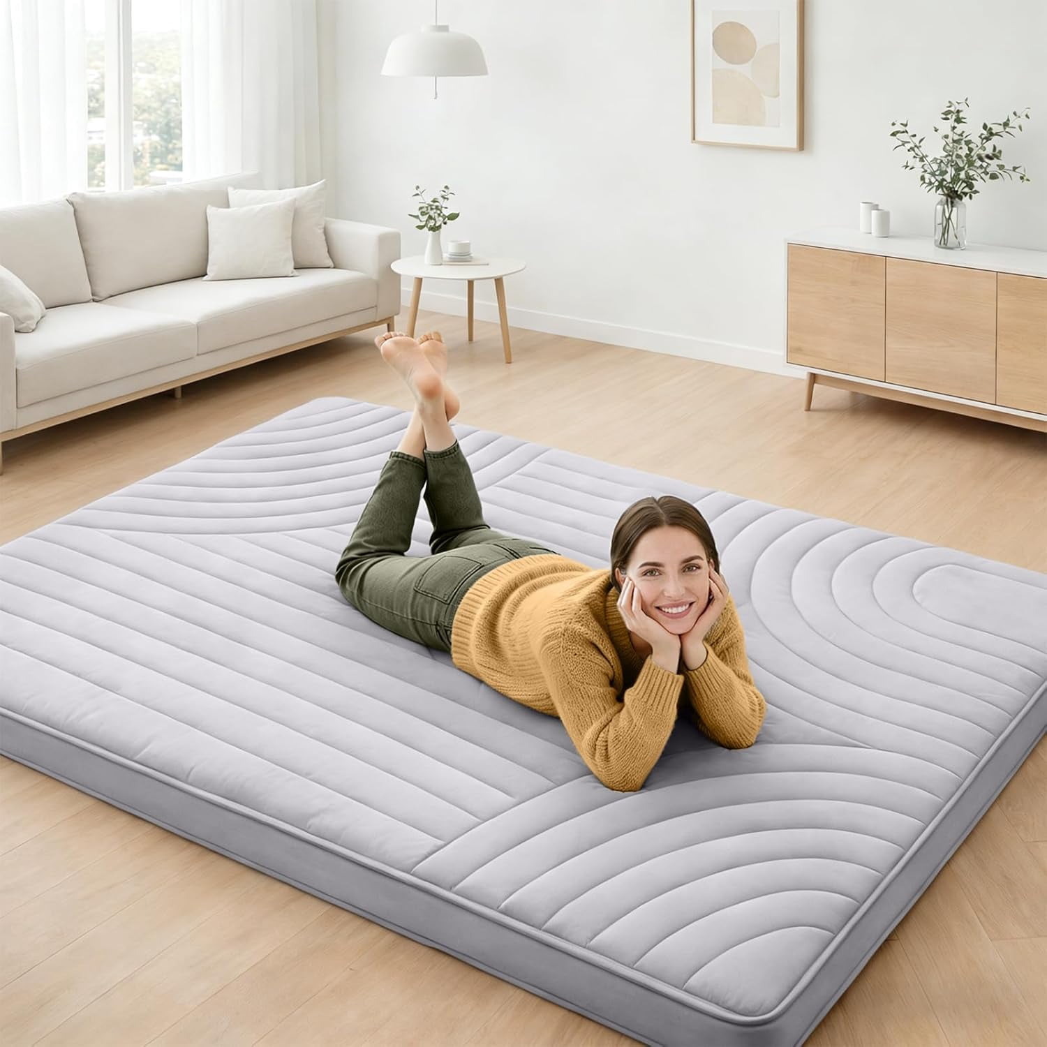 ZonLi Full Size Grey Japanese Floor Mattress Futon, Roll Up Tatami Mat, 2.5in Thick Foldable Floor Bed for Sleeping