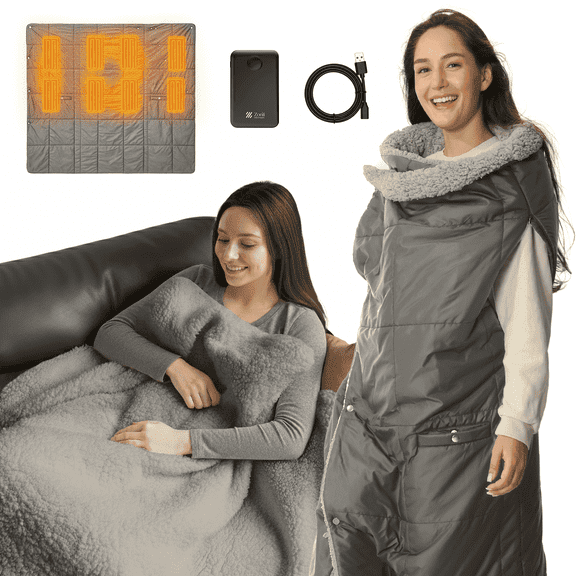 ZONLI 2-in-1 Cordless Heated Blanket & Wearable Vest, Gray | Portable Battery Operated Electric Throw for Home, Office, Camping & Travel