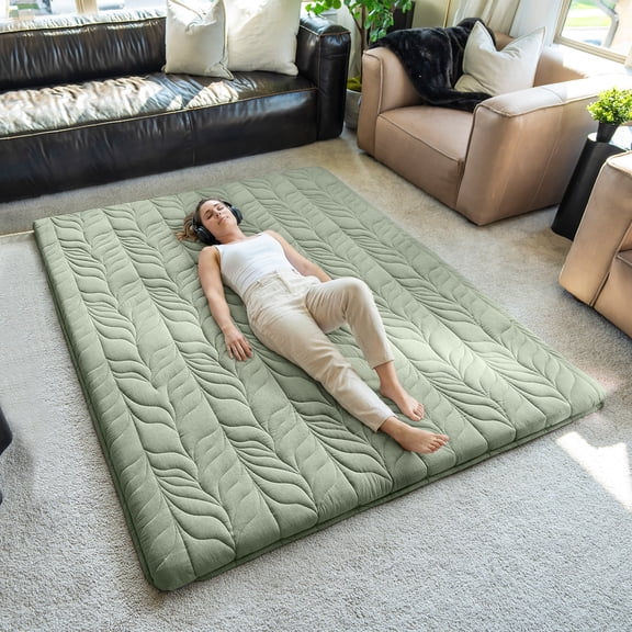 ZonLi Queen Size Japanese Floor Mattress Futon, Foldable Tatami Mat with 100% Cotton Washable Cover, Portable Bed for Adults Kids Dormitory Green