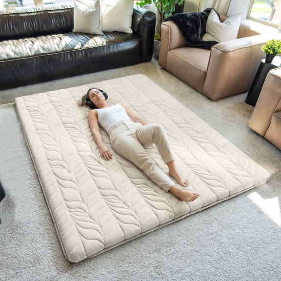 ZonLi Queen Size Japanese Floor Mattress Futon, Foldable Tatami Mat with 100% Cotton Washable Cover, Portable Bed for Adults Kids Dormitory Khaki