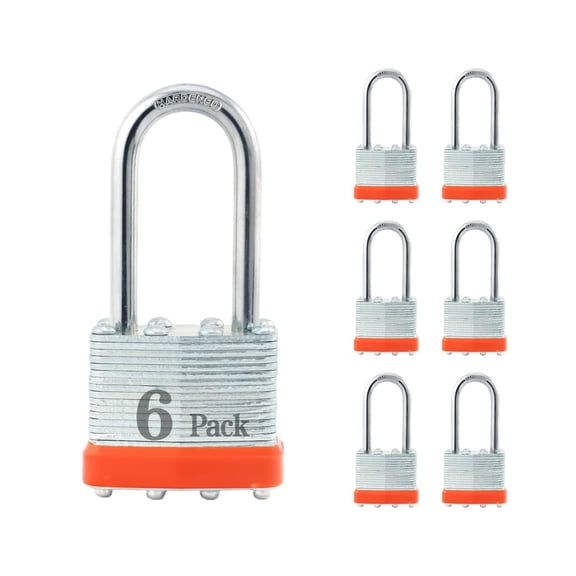 ZonRo Locks Laminated Steel Keyed Padlocks,Keyed Alike Locks, 1-9/16 inch Wide,Long Shackle Padlocks, Pack of 6Orange Hoop, for Hasp Latch, Sheds, Fences, Storage Locker, School, Gym