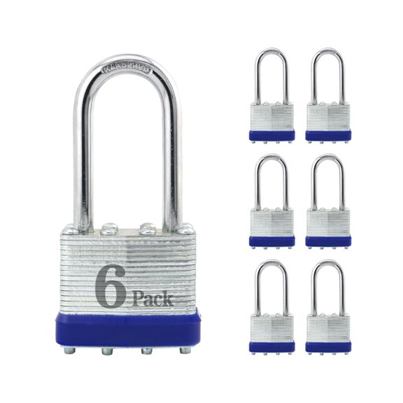 ZonRo Locks Laminated Steel Keyed Padlocks Keyed Alike Locks, Long Shackle Padlocks, for Hasp Latch, Sheds, Fences, Storage Locker, School, GymPack of 6