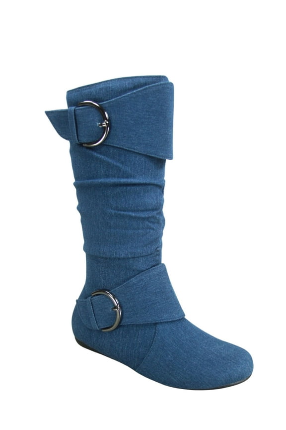 Zone-70 Women's Adult Fashion Zipper Buckle Slouch Casual Flat Heel Mid Calf Round Toe Boots (Denim Blue, 9 )