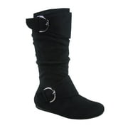 FZ-FITS Zone 70 Women's Comfort Zipper Buckle Slouch Casual Flat Heel Mid Calf Round Toe Boots ( Black, 5)