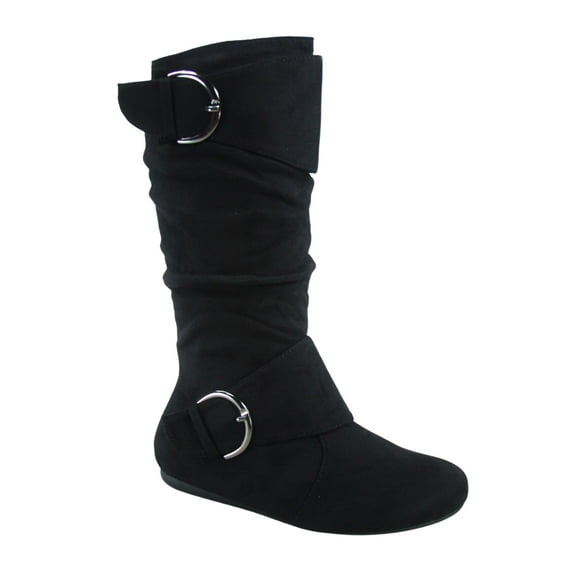 Zone 70 Women's Comfort Zipper Buckle Slouch Casual Flat Heel Mid Calf Round Toe Boots ( Black, 8)