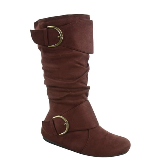 Zone 70 Women's Comfort Zipper Buckle Slouch Casual Flat Heel Mid Calf Round Toe Boots ( Brown, 11)