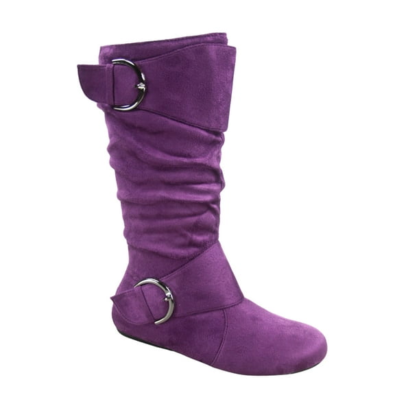 Zone 70 Women's Comfort Zipper Buckle Slouch Casual Flat Heel Mid Calf Round Toe Boots ( Purple , 5)