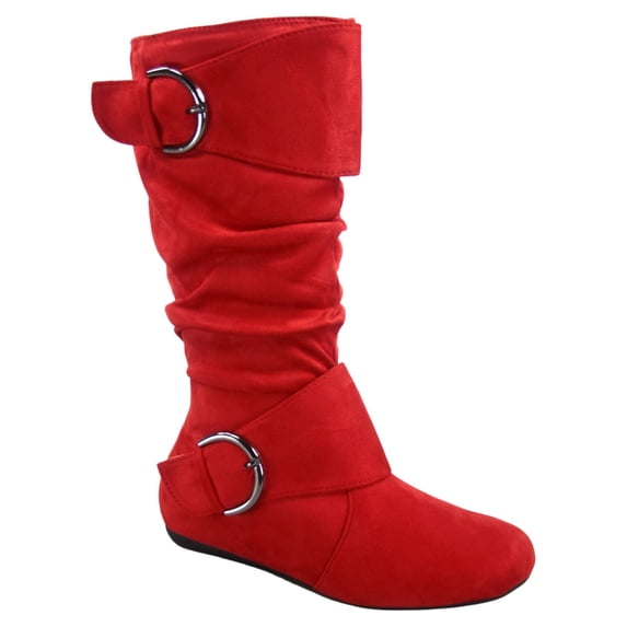 Zone 70 Women's Comfort Zipper Buckle Slouch Casual Flat Heel Mid Calf Round Toe Boots ( Red, 6.5)