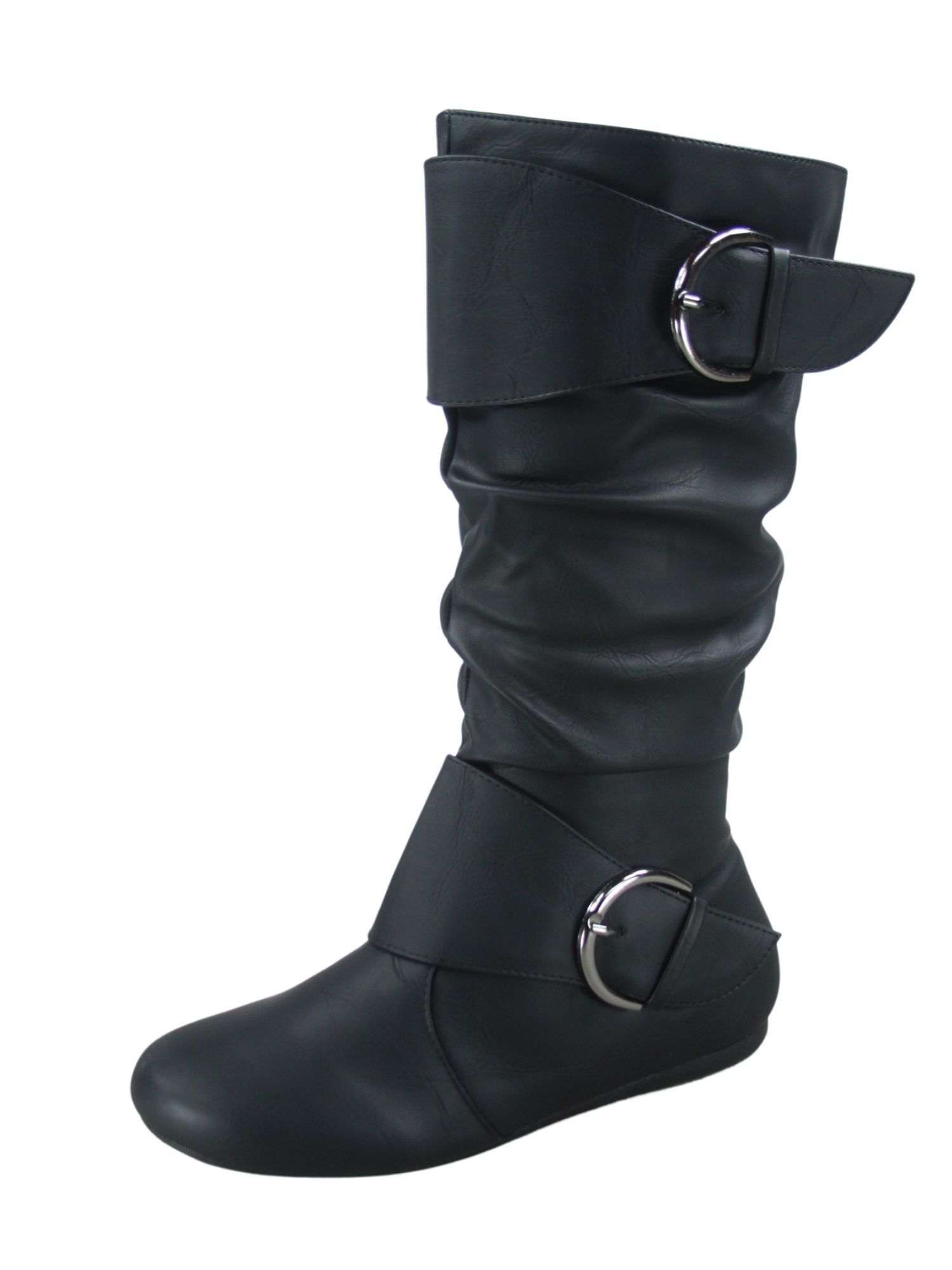 Stivali Donna Flat Al Polpaccio Con Fibbia – Pelle Sintetica Morbida, Tacco Piatto, Elastico, Marrone, Nero, Grigio