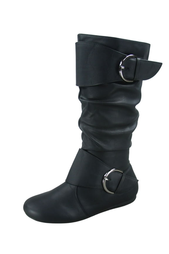 Zone 80 Women's Faux Leather Zipper Buckle Slouch Casual Flat Heel Mid Calf Round Toe Boots ( Black, 5 )