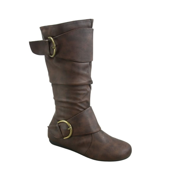 Zone 80 Women's Faux Leather Zipper Buckle Slouch Casual Flat Heel Mid Calf Round Toe Boots ( Brown, 7)